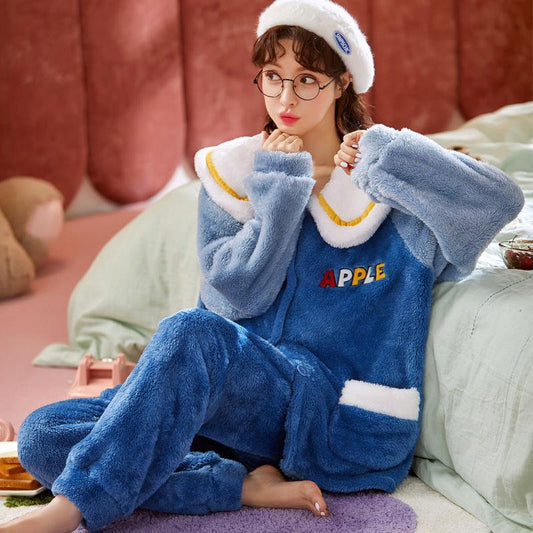 Christmas Pajamas Party Pajamas Set Female Coral Velvet Winter Thickening Plus Velvet Cute Flannel Long Nightgown Home Service Suit