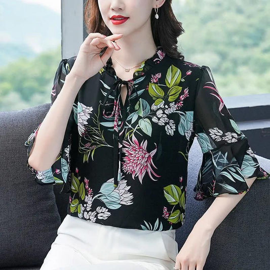 Summer Chiffon Shirt Women's Loose Plus Size Printed Shirt Doll Collar Top