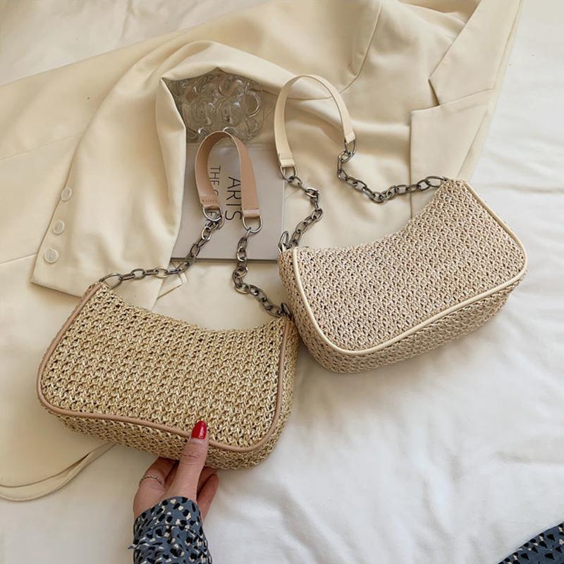 Women Large Capacity Vintage Straw Woven Retro Baguette Underarm Bag Simple Shoulder Handbag