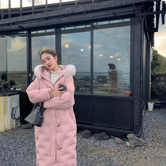 Fluffy Big Fur Collar Hooded White Duck Down Down Jacket Women's Mid-length Loose Women's Winter Thick Coat Button Design Winter Jacket
