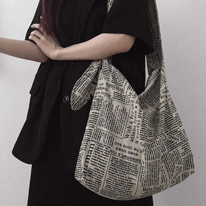 Women Canvas Bags Travel Casual Large Daily Shoulder Tote Shopper Handbag Simple English Newspaper Sense
