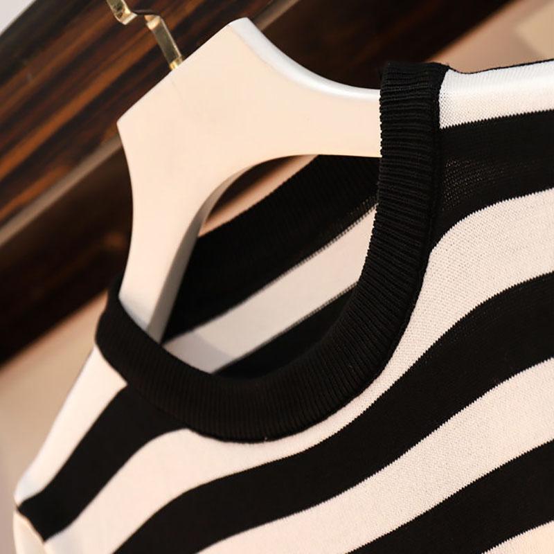 Two-piece Women's Casual Fashion Knitted Suit Striped Stitching Drawstring Short Sleeve + Knitted Pants Suit