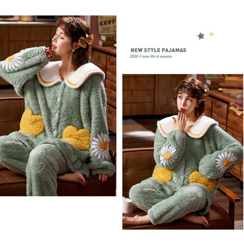 Ladies Cartoon Pajamas Autumn and Winter Coral Velvet Thickening Plus Velvet Pajamas Winter Warm Flannel Long-sleeved Plus Size Home Service