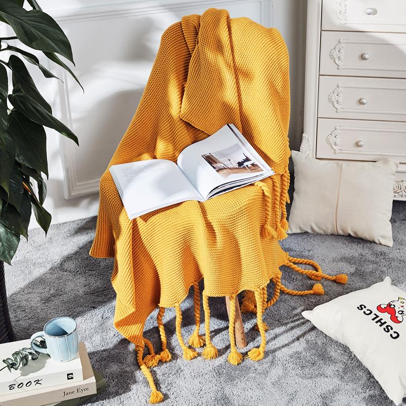 Nordic Plain Knitted Blanket Fringed Sofa Blanket Coarse Thread Nap Blanket