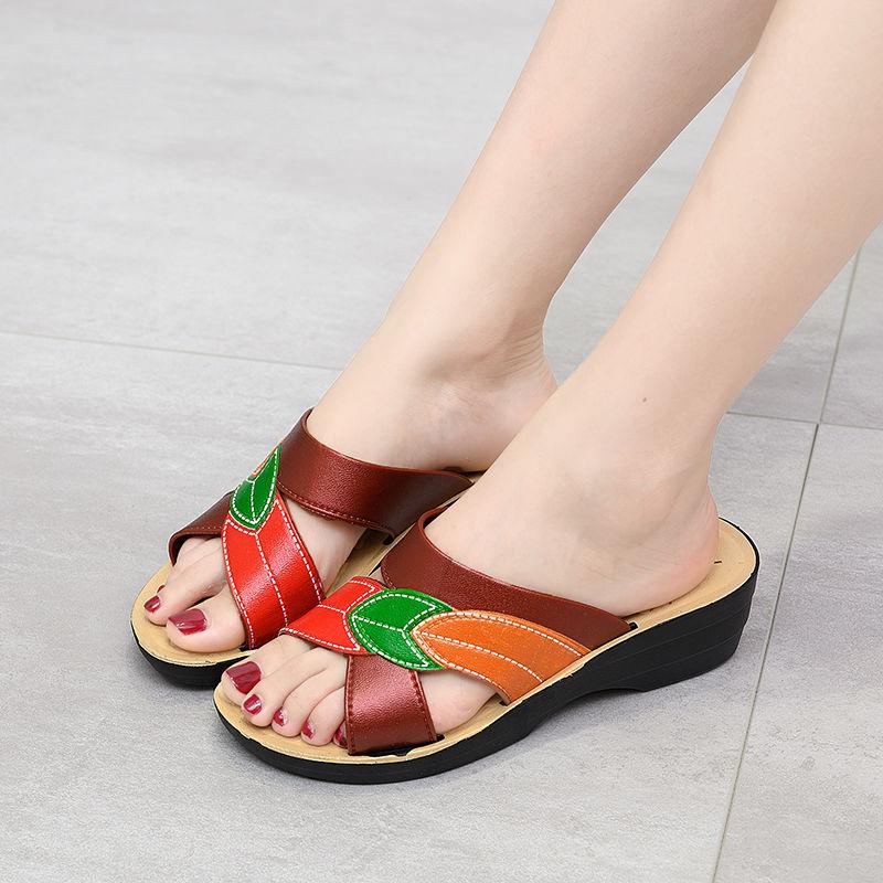 Thick Bottom Wedge Heel Sandals and Slippers Women's Outer Wear Non-slip Soft Sole Slippers Ladies Faux Oxford Leather Sandals and Slippers