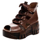 Summer Hollow Sandals  Slope-heel Platform Sandals  Fish Mouth Lace-up High-heeled Soft Leather Ethnic Roman Women’s Shoes