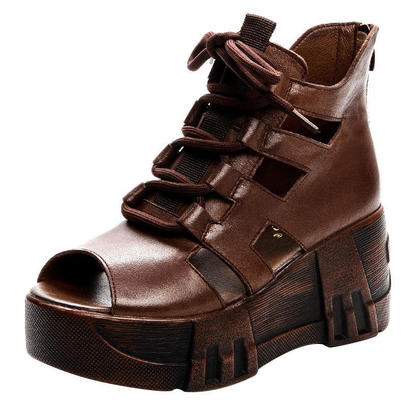 Summer Hollow Sandals  Slope-heel Platform Sandals  Fish Mouth Lace-up High-heeled Soft Leather Ethnic Roman Women’s Shoes