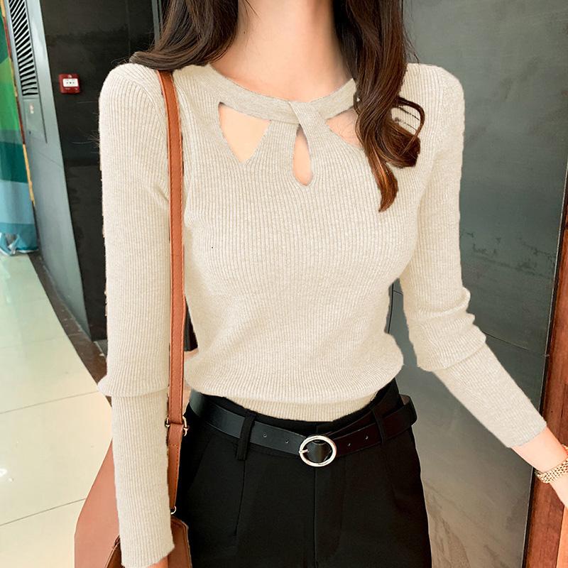 Autumn and Winter Korean Version of Slim Sexy Pullover Sweater Slim Bottoming Sweater Women's All-match Lining Round Neck Hollow Sweater