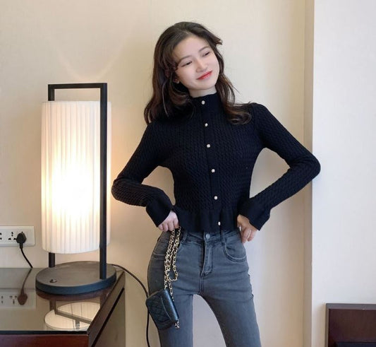 Core Yarn Knitwear Half Turtleneck Pullover Knitwear Korean Style Button Solid Color Sweater