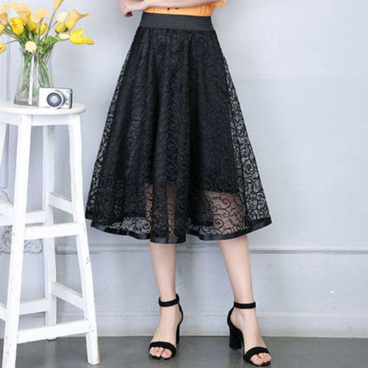 Woman High Waist Mesh Pompous Mid Long Skirt Solid Color Lace Skirt Four Seasons To Wear Elastic Waist Skirt