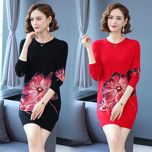 Autumn and Winter Knitted Dress Fashion Printing Base Skirt Loose and Thin Mid-length Sweater