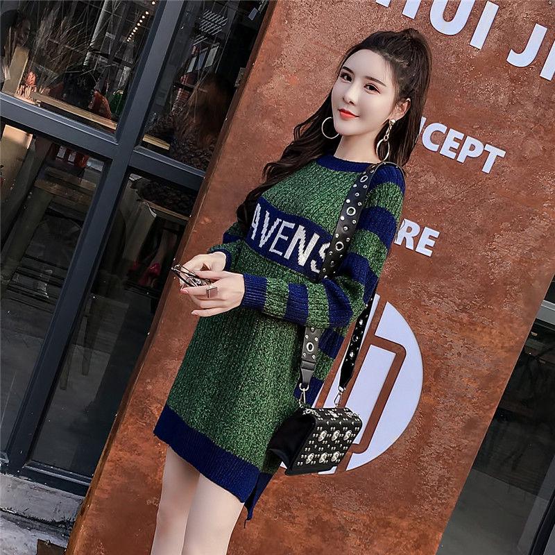 Autumn and Winter Mid-length Knit Sweater Letter Stripe Bottoming Dress Loose Pullover Long Sleeve Sweater