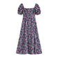 Female Vintage Purple Floral Print Holiday Dress Square Collar Bubble Sleeve Slim Vocation Elegant Dress