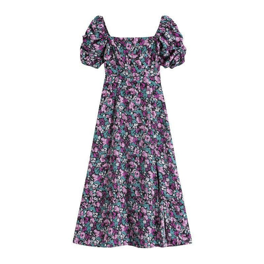 Female Vintage Purple Floral Print Holiday Dress Square Collar Bubble Sleeve Slim Vocation Elegant Dress