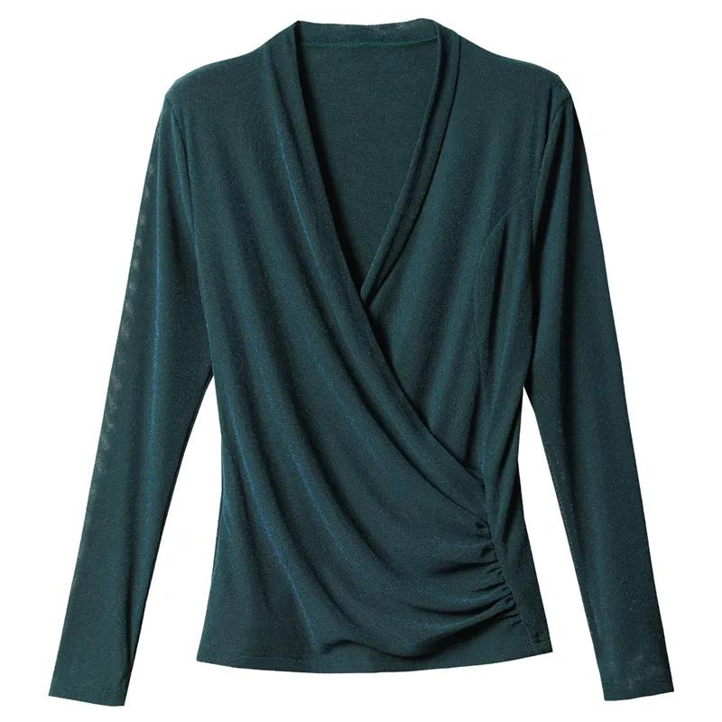 Mesh Bottoming Shirt Ladies Spring V-Neck Pullover Long Sleeve T-Shirt Slim Fit Slim Large Size Top
