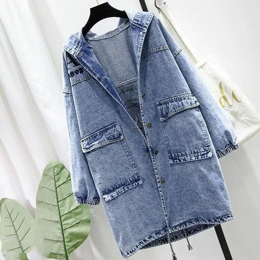 Loose Hooded Casual Embroidered Trench Coat Denim Jacket Korean Version Plus Size Women's Spring and Autumn Tops