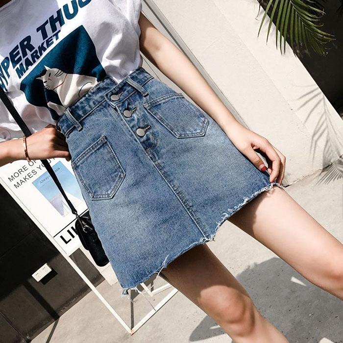 Pofulove Plus Size Women High Waist Irregular Denim Skirts Hip Skirt Anti-light Thin A-line Skirt