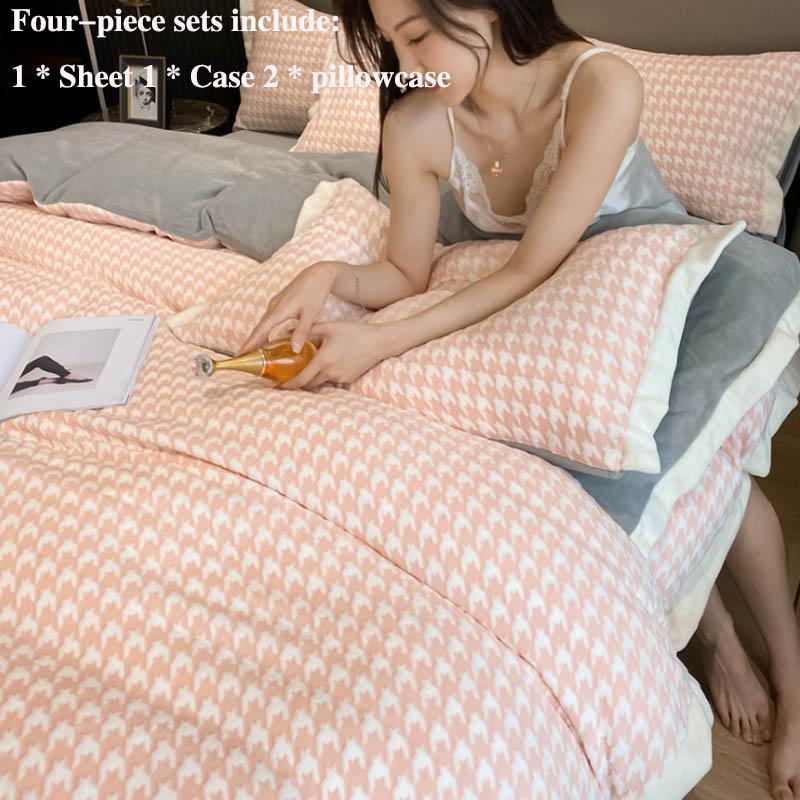 Winter Thickened Warm Milk Velvet Bed Four Sets of Thousands of Birds Simple Baby Velvet Sheets