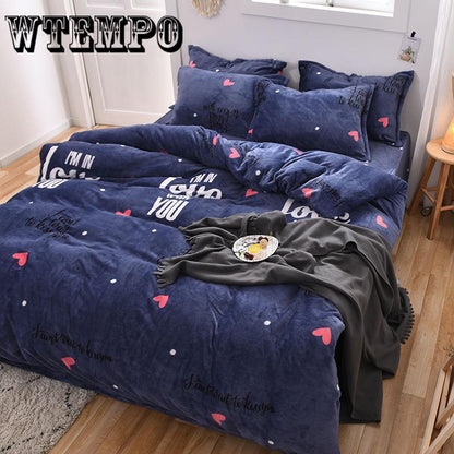 4pcs Star/cartoon Pattern Quilt Cover Warm Thick Cotton Soft Bed Sheet King Size Reactive Printing Bedspread