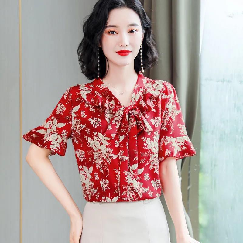 Women's Summer Short Sleeve Chiffon Shirt Loose Floral Top