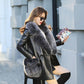 Winter Women's Mid-length Leather Jacket Plus Cotton and Velvet Warm Fur Coat with Faux Fox Fur Collar Windproof Leather Trench Coat Plus Size S-7XL