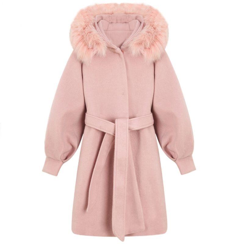 Women's Mid-length Woolen Coat with Waist and Woolen Collar Autumn and Winter Fashion Korean Small Thick Woolen Coat