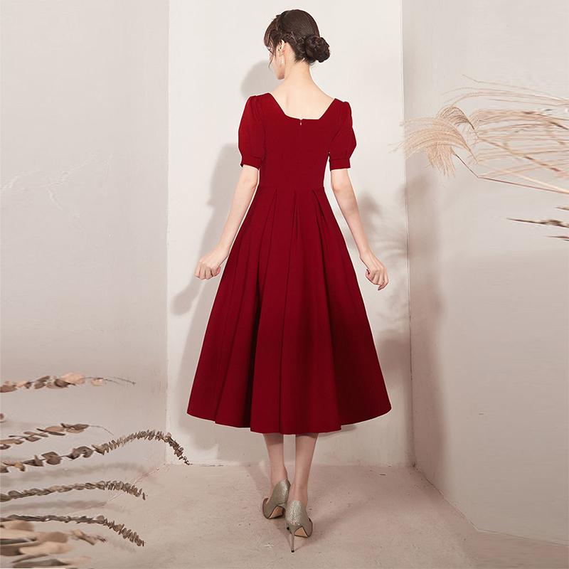 Temperament Evening Dress Wine Red French Square Collar Palace Dress Bridesmaid Dress Women Daily Wear