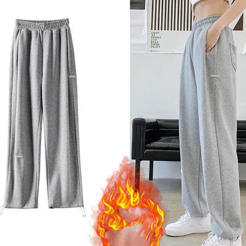 Cotton and Velvet Sweatpants for Female Students Korean Version of Loose Winter High-waisted Straight and Thin Thick Wide-leg Long Pants