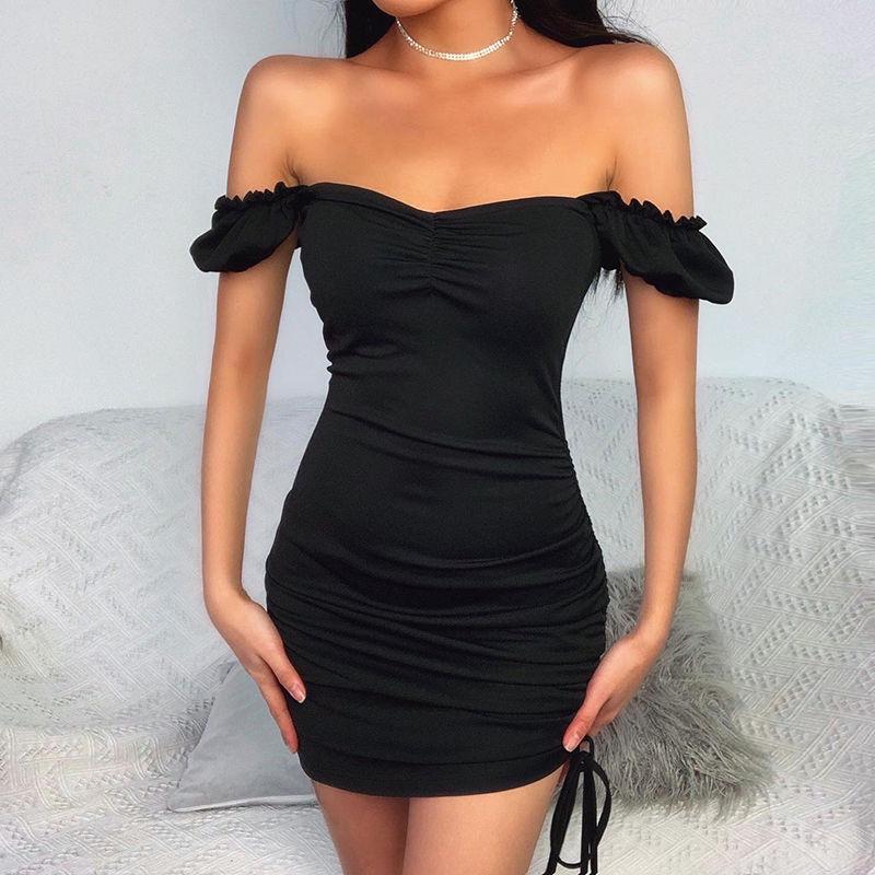 Summer Women's Short Dress Sexy One-word Neck Waist Slimming Short-sleeved Little Black Dress All-match Simple Women