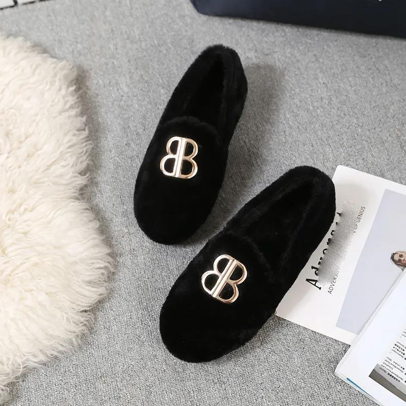 Hairy Shoes Women's Autumn All-match Round-toe Flat-bottomed Comfortable Lazy Casual Pedal Peas Shoes Moccasin Shoes