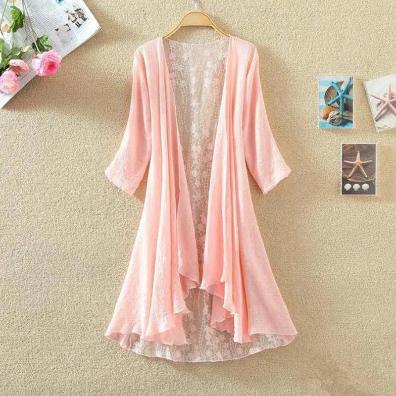 Women's Cotton and Linen Lace Sun Protection Thin Cardigan Beach Mid-length Plus Size Shawl Loose Top