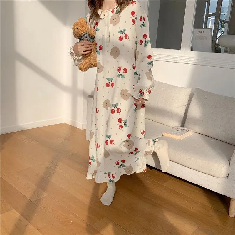 Women's Autumn Winter Pajamas Dress Long Cute Doll Collar Strawberry Printing Sweet Long Sleeve Nightdress Loose Comfortable Homewear