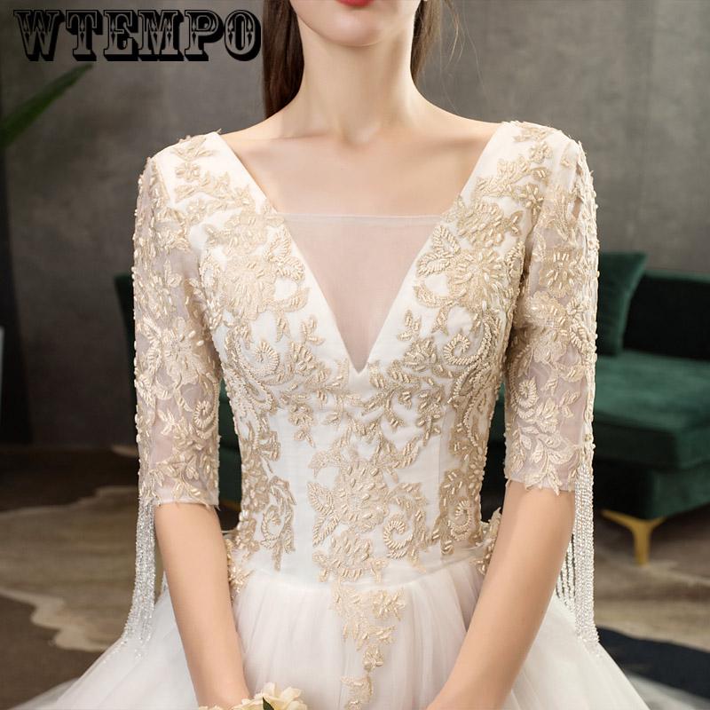 Gorgeous Ball Gown V Neck Lace Champagne embroidery Long Wedding Dresses Bridal Gown
