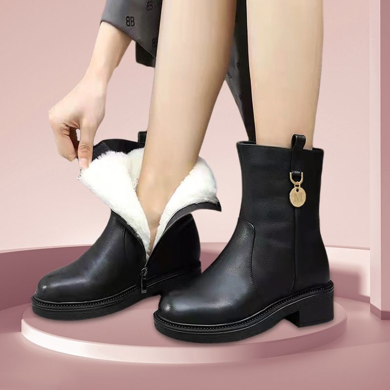 Cotton Shoes Women Winter Mid-tube Flat Bottom Martin Boots Warm and Comfortable Plus Cashmere Casual Leather Shoes
