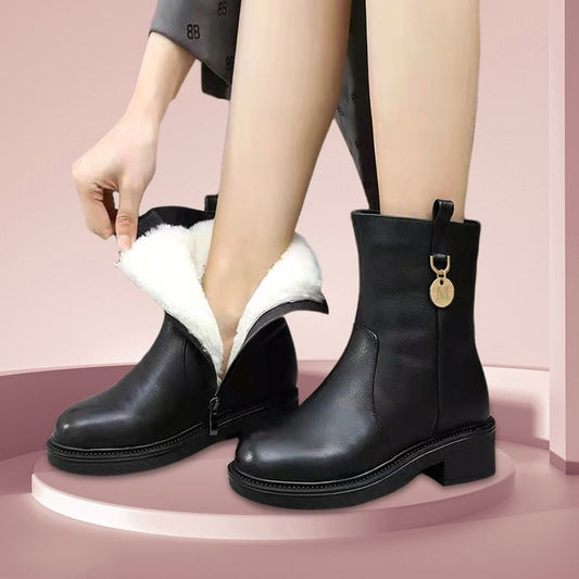 Cotton Shoes Women Winter Mid-tube Flat Bottom Martin Boots Warm and Comfortable Plus Cashmere Casual Leather Shoes