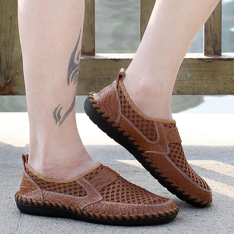 Cowhide Sandals Men's Hollow Mesh One Pedal Peas Shoes Men's Shoes Breathable Casual Lazy Shoes