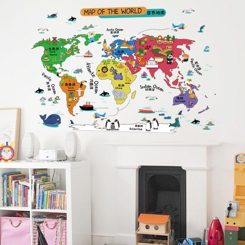 [Wall sticker] cartoon world map wall stickers for kids rooms children decals diy home room decorati