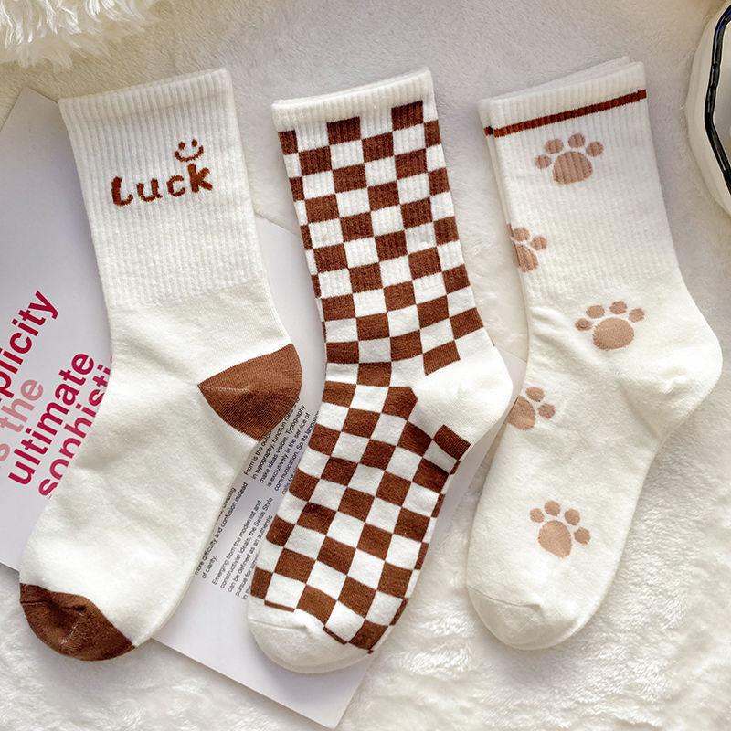 Women's Coffee Color Bear Socks Korean Version of The Middle Tube All-match College Style Sports Stockings Three Pairs