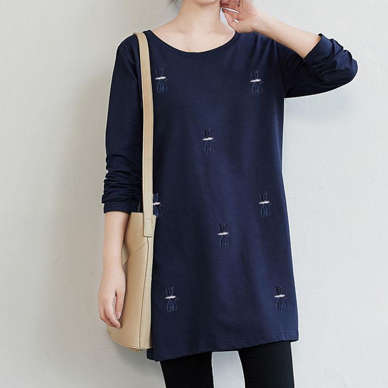 Fashion Women Long Sleeve Embroidered Solid Polyester T-Shirt Autumn  Femininas Basic Tops Loose Chemise Tunic Pullover