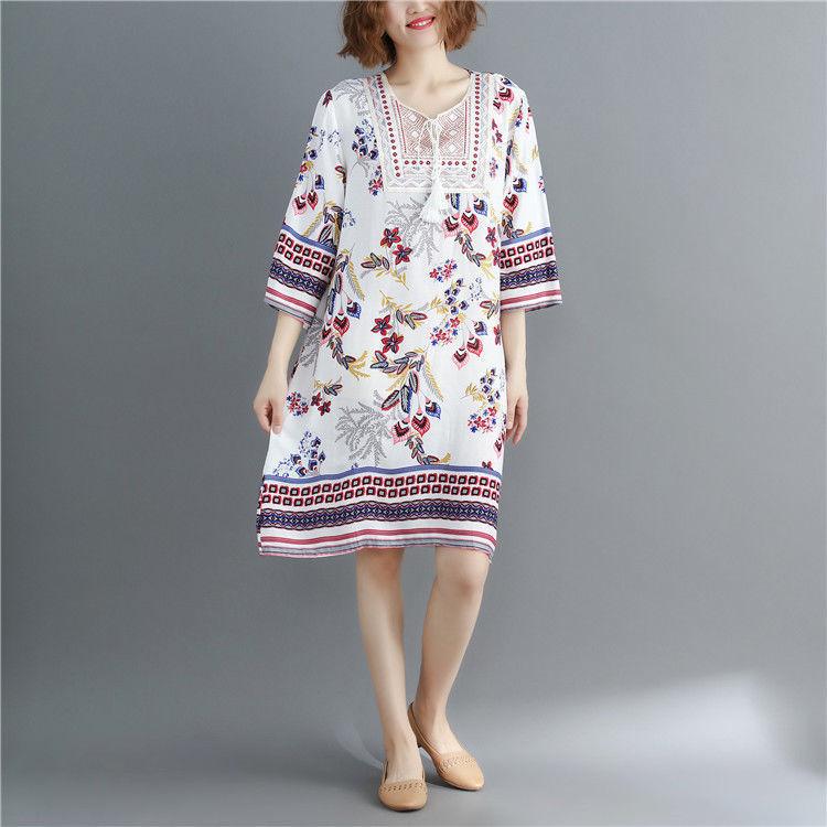 Printing  M-XXXL Printed Round Neck Dress Women Loose Plus Size Summer Polyester Short-sleeved Knee-length A-line Dress