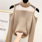Pofulove Spicy Girl Must-have Off-the-shoulder Half Turtleneck Shirt Mesh Stitched Sexy Knitwear