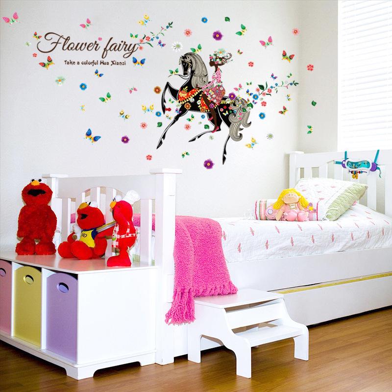Removable horse fairy flower bedroom living room wall sticker colorful wallpaper