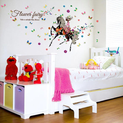 Removable horse fairy flower bedroom living room wall sticker colorful wallpaper