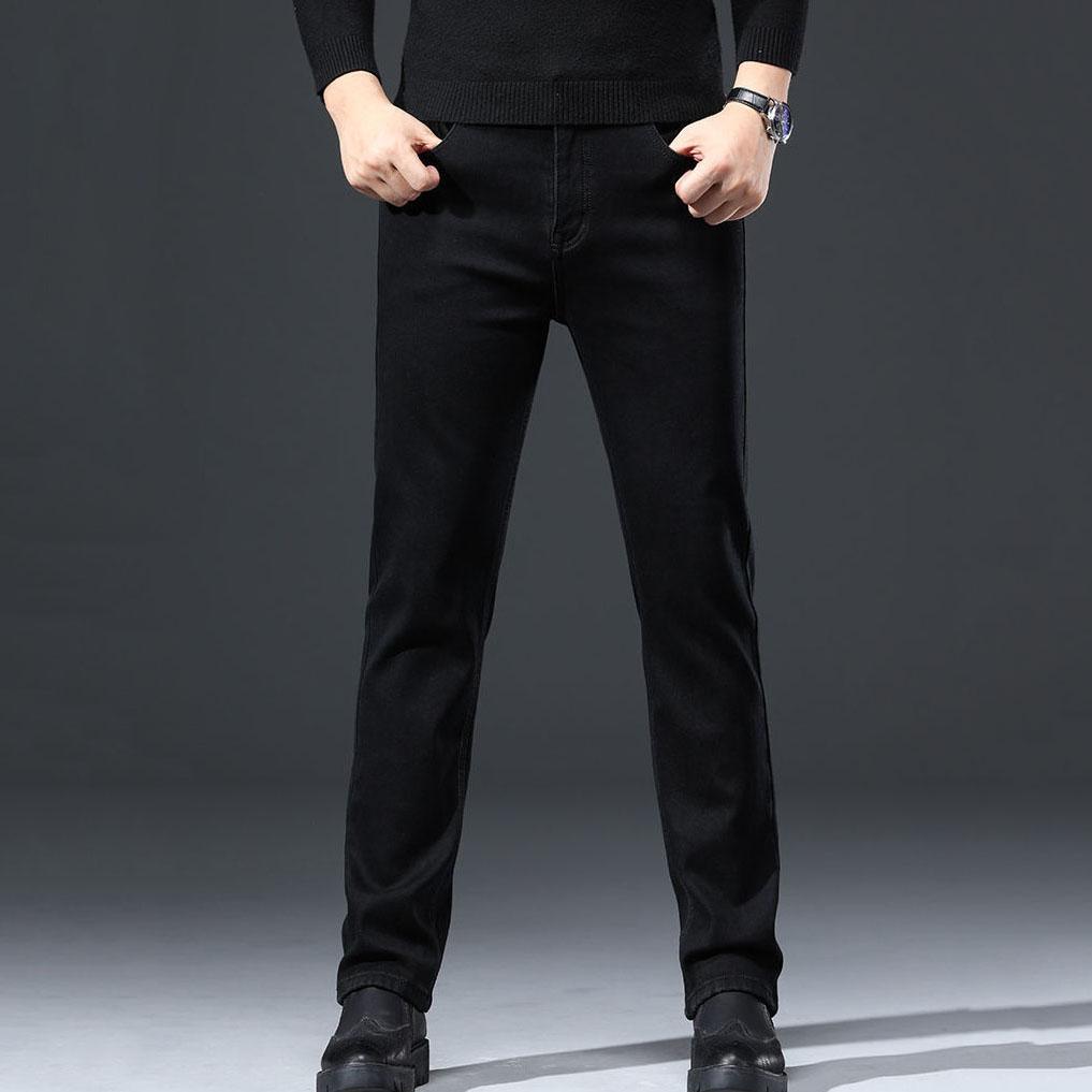Men's Autumn and Winter Fleece Padded Black Trousers Large Size Straight Elastic Black Jeans for Business Men