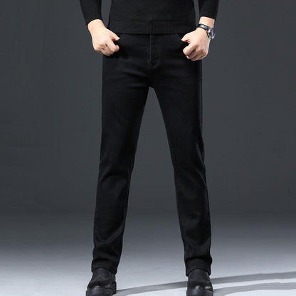 Men's Autumn and Winter Fleece Padded Black Trousers Large Size Straight Elastic Black Jeans for Business Men