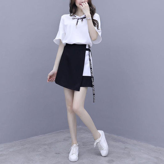 Fashion Women Skirt Set  Summer Bow V-neck Blouse Irregular Skirt Two-piece Set Female Thin Skirt Set