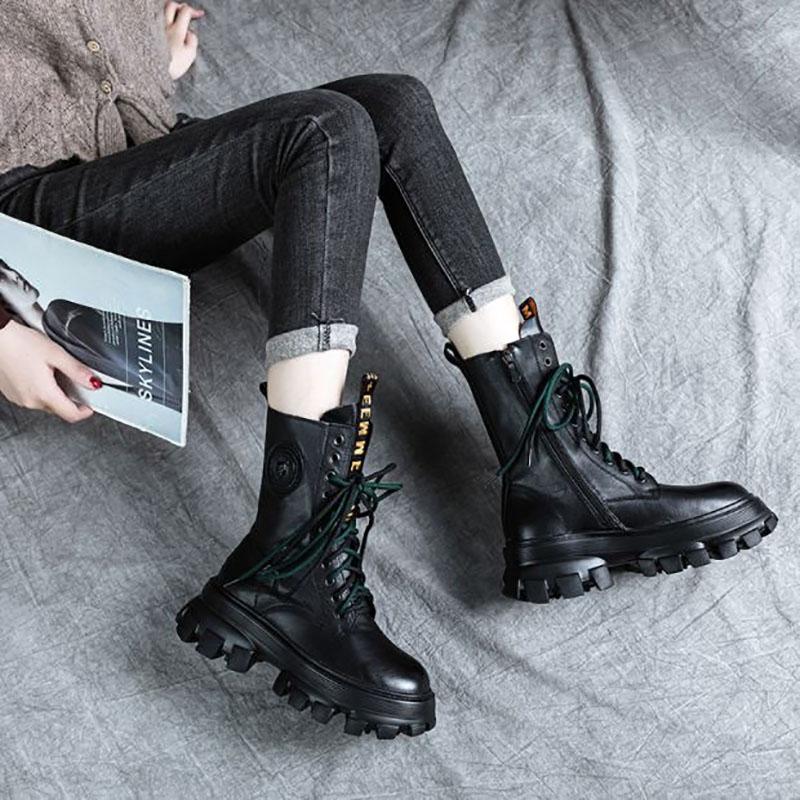 Leather Martin Boots Sponge Cake Thick-soled Round Toe Retro Mid-tube Boots Female British Style Boots Autumn Single Boots
