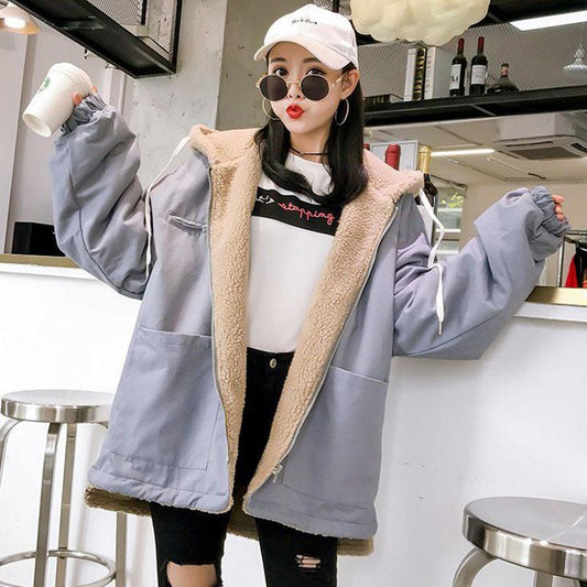 Autumn and Winter Imitation Lamb Wool Jacket Korean Loose Thick Cotton Hooded Casual Female Jacket
