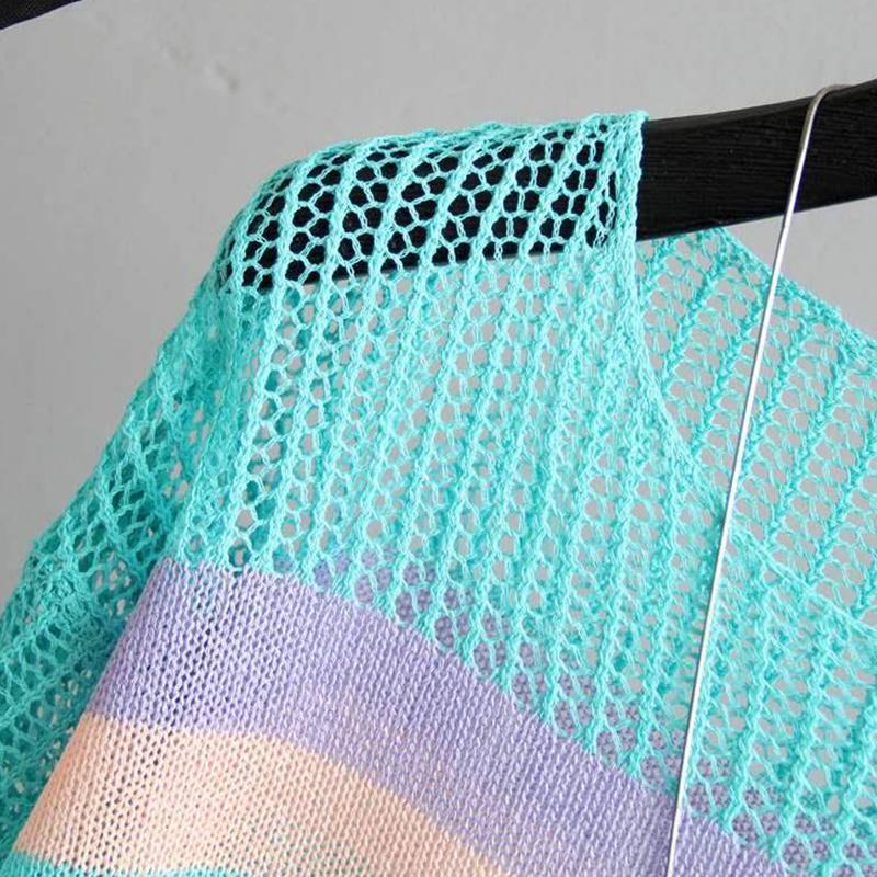 Spring and Summer Hollow Knitted Sunscreen Jacket Top Women's Loose Thin Color Stripes