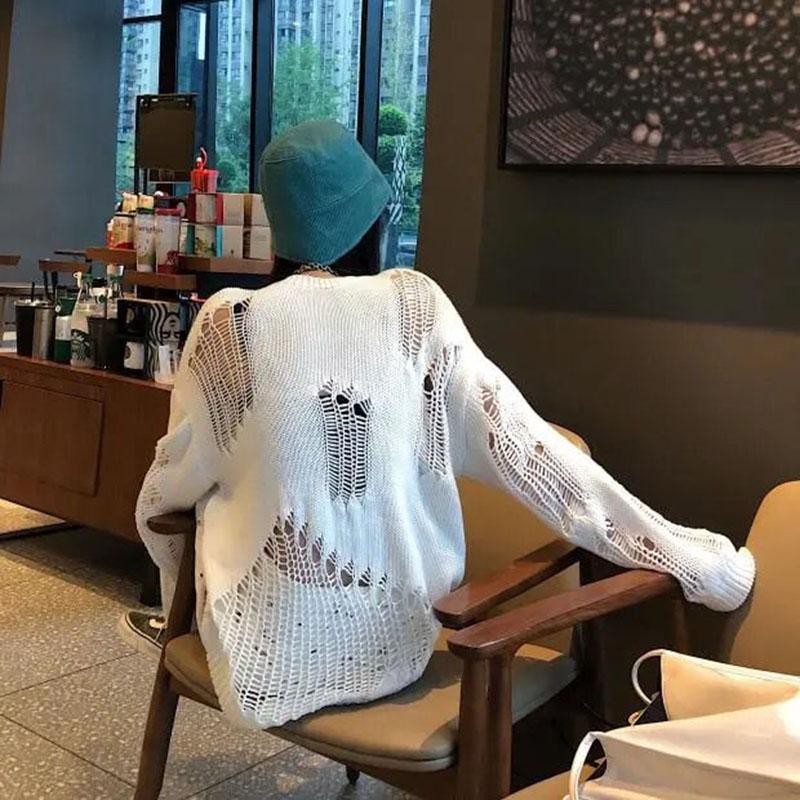 Gothic Punk Hole Sweaters Women  Streetwear Harajuku Sweaters Hollow Out Broken Knitted Jumper Woman Pullover Sweater